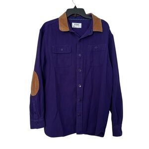 Stoic Shirt Purple Button-Up Tan Corduroy Collar & Elbow Patches Flannel Size L